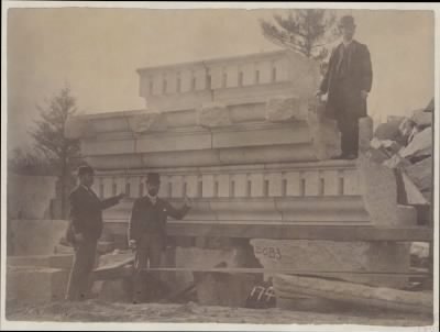 Thumbnail for Trustees' McKim Construction Photos > Cornice stone at Milford Quarry, construction of the McKim Building