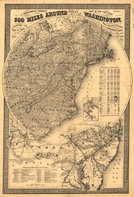 Thumbnail for United States, seat of war > G. Woolworth Colton's map of the country 500 miles around the city of Washington showing the seat of war in the East Drawn, engraved & published by G. Woolworth Colton.