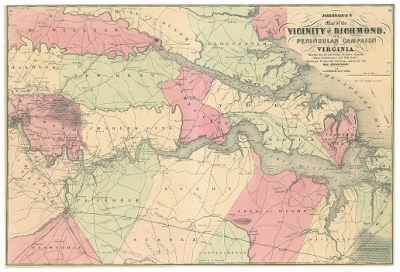 Thumbnail for Richmond > Johnson's map of the vicinity of Richmond and Peninsular Campaign in Virginia : showing also the interesting localities along the James, Chickahominy, and York Rivers / compiled from the official maps of the War Dept. by A. J