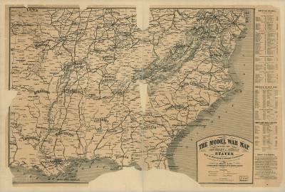 Thumbnail for Southern and Middle States > The model war map giving the southern & middle states, with all their water & railroad connections. Compiled from the best authorities & latest surveys by L. Prang & Co., lithographers & publishers.