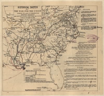 Thumbnail for United States, war maps > Historical sketch of the war for the Union showing the lines of demarcation, important movements and battles in each year from 1861 to the close of the war in 1865.