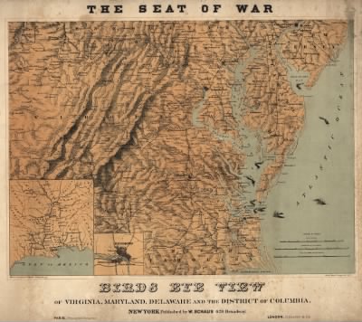 Delaware, District of Columbia, Maryland, Virginia > Birds eye view of Virginia, Maryland, Delaware and the District of Columbia Drawn and engr. by J. Schedler, N.Y. Sarony, Major & Knapp liths., N.Y.