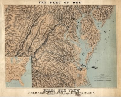 District of Columbia, Delaware, Maryland > Birds eye view of Virginia, Maryland, Delaware and the District of Columbia. [Drawn and engr. By J. Schedler, N.Y. Sarony, Major & Knapp liths., N.Y.