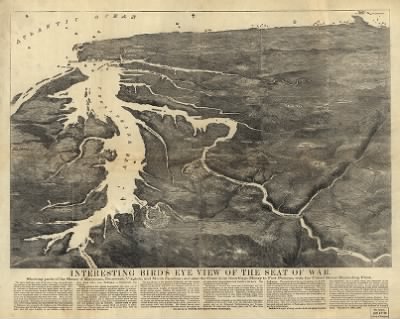 Delaware, Maryland, North Carolina, Virginia > Interesting bird's eye view of the seat of war. Showing parts of the states of Maryland, Delaware, Virginia, and North Carolina; and also the coast line from Cape Henry to Fort Pickens, with the United States blockading fleet