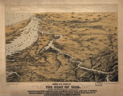 Thumbnail for Middle Atlantic States, seat of war > Birds eye view of the seat of war. Arranged after the latest surveys, showing views of Washington, Baltimore, Harpers Ferry, Richmond, Manassas Junction, Ft. Monroe, Norfolk Harbor &c. their r.r. connections, & the general su