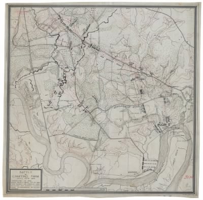 Thumbnail for Fort Harrison, Battle of > Battle of Chaffin's Farm, Sept. 29th 1864 : topography of 1894 : roads, houses, trees, etc. of 1864 from Campbell and Chambliss maps : positions and routes assumed from descriptions in official records.