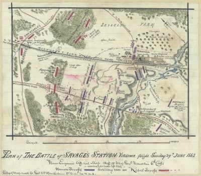 Thumbnail for Savage's Station, Battle of > Plan of the battle of Savage's Station, Virginia, fought Sunday, 29th June 1862 / From engineer's official map, staff of Maj. Genl. Franklin, 6th Corps, additions by R.K. Sneden, Topgr., 3rd Corps.