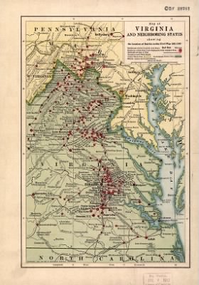 Thumbnail for Middle Atlantic States, battles > Map of Virginia and neighboring states showing the location of battles in the Civil War 1861-1865.