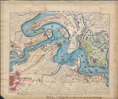 Thumbnail for Harrison's Landing (Charles City County) > Map shewing [sic] country opposite Harrison's Landing, Va., and position of [U.S.] Army.