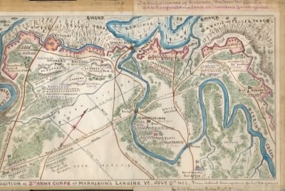 Thumbnail for Harrison's Landing (Charles City County) > Position of 3rd Army Corps at Harrison's Landing, Va., July 9th 1862. From actual survey made for Genl. Heintzelman / by R.K. Sneden, Topog. Engr., 3rd Corps.