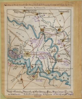 Thumbnail for Harrison's Landing (Charles City County) > Map shewing [sic] march of the [U.S.] Army from Harrison's Landing or Westover to Williamsburg, Virginia, 15th, 16th, 17th and 18th August.