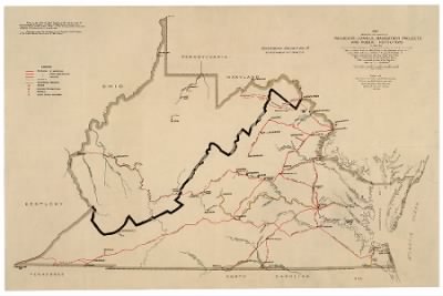 Thumbnail for Virginia, West Virginia > Map showing the location of railroads, canals, navigation projects and public institutions in which the Commonwealth of Virginia had invested money as of date January 1st. 1861 : as traced from an official map in the possessi