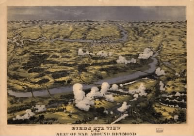 Thumbnail for Richmond > Birds eye view of the seat of war around Richmond showing the battle of Chickahominy River, 29 June 1862 Drawn from nature and lith. by John Bachmann.