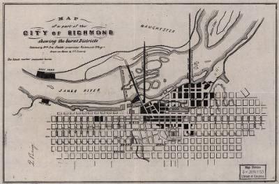 Thumbnail for Richmond > Map of a part of the city of Richmond showing the burnt districts Drawn on stone by C. L. Ludwig.