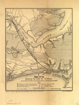 Thumbnail for Newbern > Sketch showing the route to Newbern, pursued by the Burnside expedition, March 13 & 14, 1862 Bowen & Co., lith., Philada.