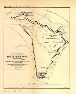 Thumbnail for Smith Island > Line of rebel works, Smith's Island, N.C. Evacuated January 16th, 1865. Taken possession of by naval and military forces January 17th, 1865. Surveyed by J. S. Bradford, U.S. Coast Survey, A.D.C. to Admiral D. D. Porter Bowen