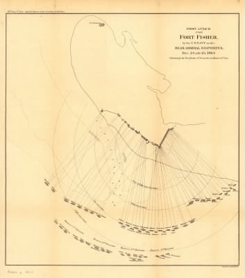 Fort Fisher > First attack upon Fort Fisher, by the U.S. Navy under Rear Admiral D. D. Porter, Dec. 24 and 25, 1864. Showing the position of vessels and line of fire Bowen & Co., lith., Philada.