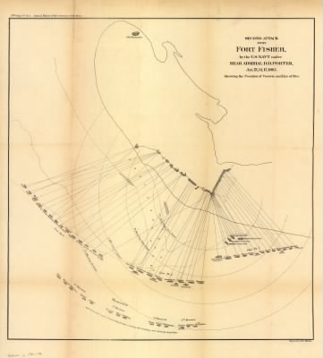 Fort Fisher > Second attack upon Fort Fisher by the U.S. Navy under Rear Admiral D. D. Porter, Jan 13, 14, 15, 1865. Showing the position of vessels and line of fire. Bowen & Co., lith., Philada.