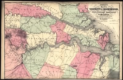 Peninsular Campaign > Johnson's map of the vicinity of Richmond, and Peninsular Campaign in Virginia : showing also the interesting localities along the James, Chickahominy and York rivers / compiled from the official maps of the War Department by