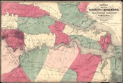 Peninsular Campaign > Johnson's map of the vicinity of Richmond, and Peninsular Campaign in Virginia : showing also the interesting localities along the James, Chickahominy and York rivers / compiled from the official maps of the War Department by