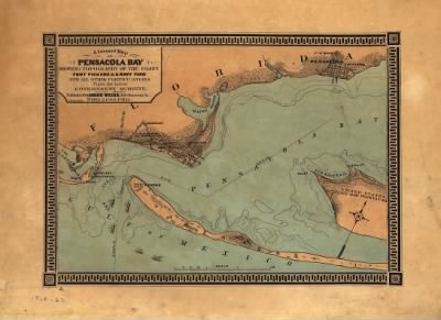 Thumbnail for Pensacola Bay > A correct map of Pensacola Bay showing topography of the coast, Fort Pickens, U.S. Navy Yard, and all other fortifications from the latest Government surveys. J. Weiss lith.