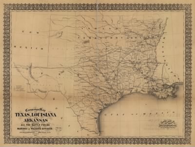 Arkansas, Louisiana, Texas > Campaign map of Texas, Louisiana and Arkansas, showing all the battle fields and also the marches of Walker's Division. [1861-65] Entered according to Act of Congress in the year 1871 by E. H. Cushing. Engraved, printed and m