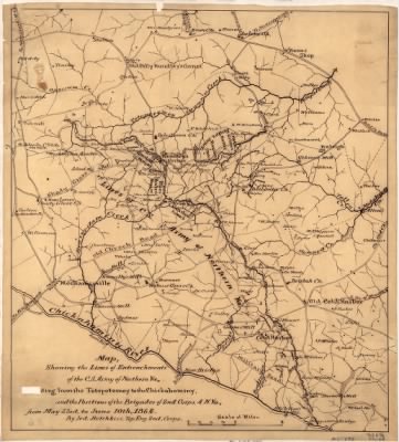 Hanover County > Map showing the lines of entrenchments of the C.S. Army of Northern Va., [exten]ding from the Totopotomoy to the Chickahominy, and the positions of the brigades of the 2nd Corps, A.N. Va., from May 23rd to June 10, 1864 / by