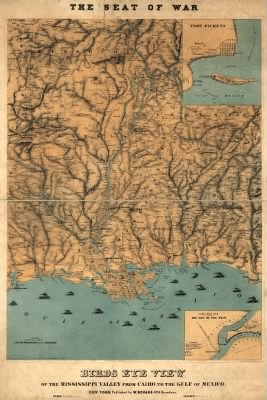 Mississippi Valley > Birds eye view of the Mississippi Valley from Cairo to the Gulf of Mexico Drawn from government surveys and other authentic sources by M.K. Couzens, Civ. Eng. Printed by Lang & Laing, lith.