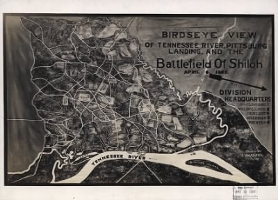 Thumbnail for Shiloh, Battle of > Birdseye view of Tennessee River, Pittsburg Landing, and the Battlefield of Shiloh, April 6, 1862 / painted by J. M. Manska, 1917.