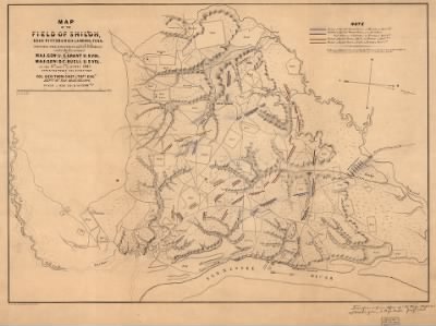 Thumbnail for Shiloh, Battle of > Map of the field of Shiloh, near Pittsburgh Landing, Tenn., shewing the positions of the U.S. forces under the command of Maj. Genl. U. S. Grant, U.S. Vol. and Maj. Genl. D. C. Buell, U.S. Vol. on the 6th and 7th of April 186