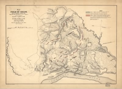 Thumbnail for Shiloh, Battle of > Map of the field of Shiloh, near Pittsburgh Landing, Tenn., shewing the positions of the U.S. forces under the command of Maj. Genl. U. S. Grant, U.S. Vol. and Maj. Genl. D. C. Buell, U.S. Vol. on the 6th and 7th of April 186