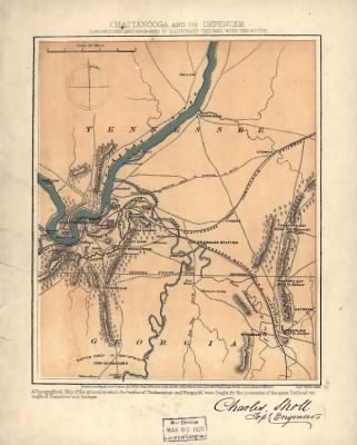 Thumbnail for Chattanooga, Battle of > Chattanooga and its defences, constructed and engraved to illustrate "The war with the South." [Compiled by Charles Sholl] Engd. by Rae Smith. c1865.