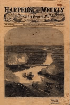 Thumbnail for Fort Darling > [B]alloon view of the attack on Fort Darling in the James River, by Commander Rogers's [sic] [i.e., Rodger's] gun-boat flotilla, "Galena," "Monitor," etc. [May 16, 1862]