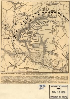 Gaines' Mill, Battle of > Map of the battle-field of Gaines's Mill, showing approximately the positions of infantry and artillery engaged. (The topography from the official map.) [June 27, 1862].