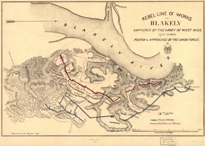 Fort Blakely > Rebel line of works at Blakely captured by the Army of West Miss., April 9, 1865 Position & approaches by the Union forces.