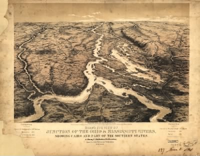 Thumbnail for Ohio and Mississippi Rivers > Bird's eye view of junction of the Ohio & Mississippi Rivers, showing Cairo and part of the southern states Drawn from nature and lith. by John Bachmann.