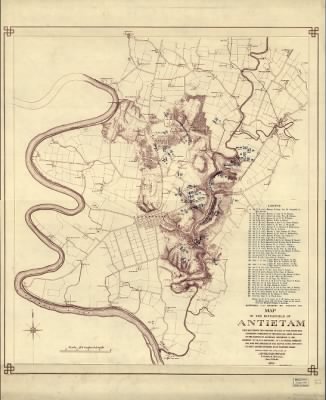 Thumbnail for Antietam, Battle of > Map of the battlefield of Antietam. This map shows the position of each of the forty-two different commands of the regular army engaged in the battle of Antietam, September 17, 1862. Battery "G", 2d U.S. Artillery, Lt. J. H.