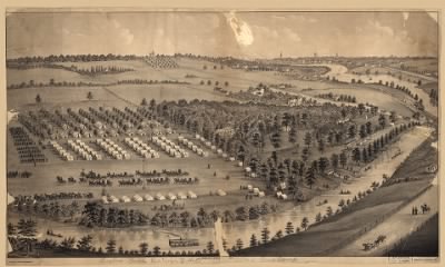 Thumbnail for Cuyahoga Falls > [Army camp at Gaylord's Grove, Cuyahoga Falls, Ohio] / drawn by A. Ruger ... Ohio ; Beck & Pauli Lith., Milwaukee, Wis.