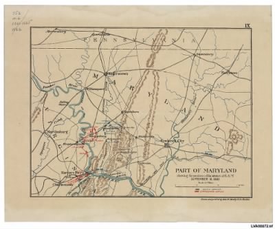 Thumbnail for Antietam, Battle of > Part of Maryland : showing the positions of the armies at 6 a.m. September 16, 1862 / drawn and printed by Geo. W. Stadly & Co.