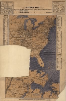 Thumbnail for Distance map > Distance maps. Map of the Atlantic states, showing 50 mile distances from Washington. Map of the battleground [at Manassas] showing 5 mile distances from Washington. Map of the Fortress Monroe, showing 1 mile distances from t