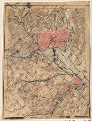 Thumbnail for Washington DC, fortifications > [Topographical map of the District of Columbia and adjacent areas in Virginia, showing fortifications] / Top'l Office, April 2nd, 1864.