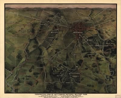 Thumbnail for Gettysburg Natl Military Park > Perspective view of Gettysburg National Military Park Drawn under the direction of the Gettysburg National Park Commission, Colonel John P. Nicholson, Chairman, Major Charles A. Richardson, Commissioner. Drawing made February