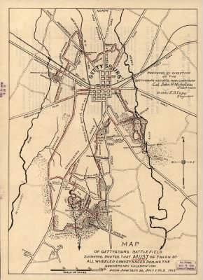 Thumbnail for Gettysburg, Battle of > Map of Gettysburg battlefield showing routes that must be taken by all wheeled conveyances during the anniversary celebration, from June 28 to June 30, July 1 to 5, 1913 Prepared by direction of the Gettysburg National Park C