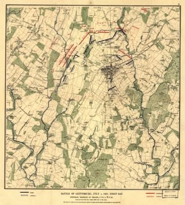 Thumbnail for Gettysburg, Battle of > Battle of Gettysburg, July 1, 1863. First day. General position of troops, 2 to 3.30 p.m.