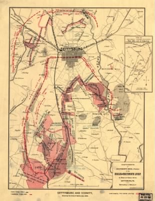 Thumbnail for Gettysburg, Battle of > Gettysburg and vicinity, showing the lines of battle, July, 1863.