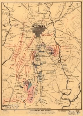 Thumbnail for Gettysburg, Battle of > Gettysburg and vicinity, showing the position of the troops July 3, 1863 (third day's fight), and the land purchased and dedicated to the public by General S. Wylie Crawford and the Gettysburg Battlefield Memorial Association