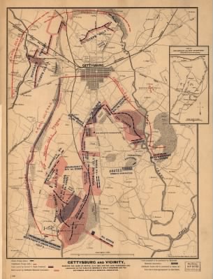 Thumbnail for Gettysburg, Battle of > Gettysburg and vicinity, showing the lines of battle, July, 1863, and the land purchased and dedicated to the public by General S. Wylie Crawford and the Gettysburg Battlefield Memorial Association Eng'd. by American Bank Not