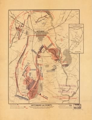 Thumbnail for Gettysburg, Battle of > Gettysburg and vicinity : showing the lines of battle, July, 1863, and the land purchased and dedicated to the public by General S. Wylie Crawford and the Gettysburg Battlefield Memorial Association / eng'd. by American Bank