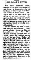 Sarah E Eckerty Rutter Obituary; from 7 Dec 1923 New Holland Clarion