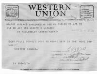 Thumbnail for Theodore John Langan- Telegram to parents after rescue, 1945.tif